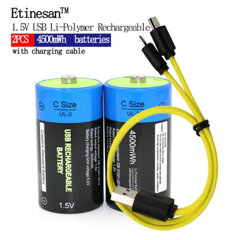 2vnt Etinesan 1,5 V 4500mWh Li-polimero Ličio Akumuliatorius C Dydžio Baterija, C li-ion Baterija su USB įkrovimo kabelis