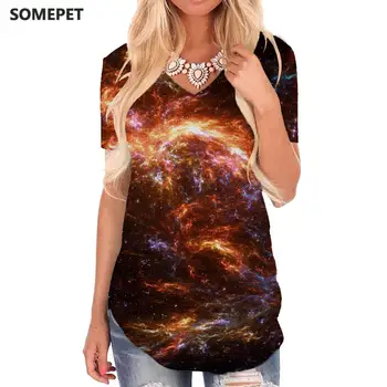 SOMEPET Galaxy Marškinėliai Moterims Ūkas Tshirts Spausdinti Spalvinga V-kaklo Marškinėlius Kosmoso Shirt Spausdinti Moteriški Drabužiai Vasarą Laisvi Naujas