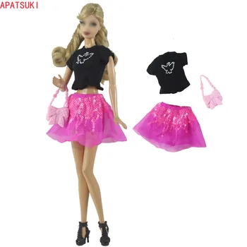 Juoda Balandžių marškinėliai Pink China Sijonas Barbie Lėlės Komplektus Mados Drabužių Komplektas Rožinė Rankinė Krepšys 1/6 Lėlės Reikmenys, Žaislai