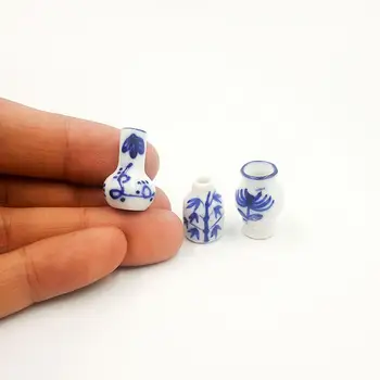3 1/12 Lėlių Mėlynos ir Baltos spalvos Porceliano Vazos Miniatiūrų Rinkinys Fotografijos Rekvizitai Kinų Stiliaus Prabangus Aksesuaras baldai