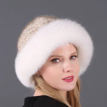 Rusijos Žiemos Mink Kašmyras Moterų Skrybėlę Fox Fur Kibirą Kepuraitė Skullie Lady Mados Vilna, Mezgimo Skrybėlės Šiltas Medvilnės Dangtelis